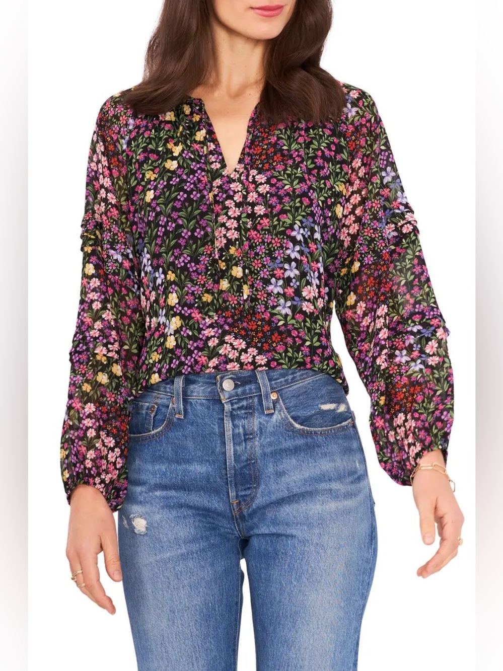 1. State Women's Mixed Floral Tie Neck Blouse Size Medium